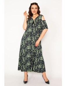 Şans Women's Plus Size Green Off-the-Shoulder Long Dress with Zipper Detail on the Front Patties