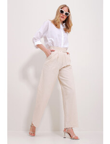 Trend Alaçatı Stili Women's Cream Waist Herringbone Trousers