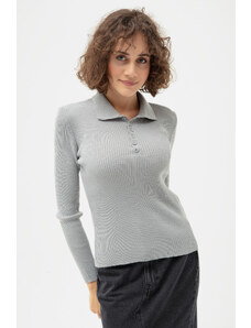 Lafaba Women's Gray Polo Neck Ribbed Knitwear Sweater