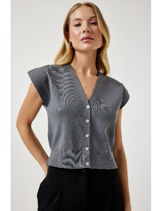 Happiness İstanbul Women's Gray Buttoned Short Knitwear Vest