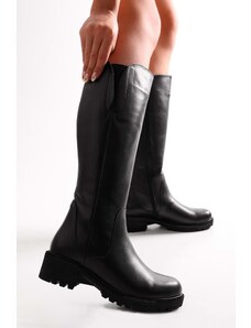 Shoeberry Women's Perla Black Genuine Leather Heeled Boots Black Genuine Leather