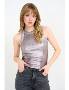 Laluvia Grey-Silver-Pink Halter Neck Metallic Crew Neck Undershirt