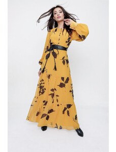 By Saygı Yellow Floral Pattern Long Chiffon Dress With Half Button Front Waist Belt Lined