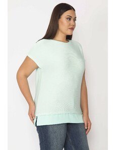 Şans Women's Plus Size Green Crepe Low-Sleeved Blouse With Stripes, See-Frame Hemline