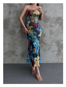 BİKELİFE Women's Floral Patterned Strapless Midi Length Dress