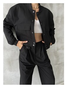 Laluvia Black Snap Button Detailed Two Pocket Lined Crop Bomber Jacket