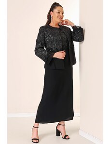 By Saygı Sequin Beading Detailed Sleeve Tip Chiffon Jacket Dress Lined Plus Size 2-Piece Suit