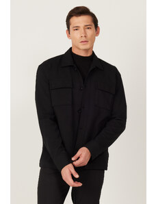 AC&Co / Altınyıldız Classics Men's Black Oversize Fit Loose Cut Classic Collar Cotton Patterned Shirt Jacket