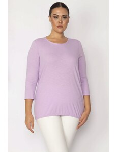 Şans Women's Plus Size Lilac Crew Neck Pinstripe Blouse with Capri Sleeves