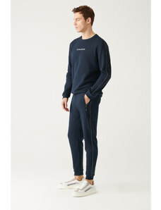 Avva Men's Navy Blue Lace-up Elastic Cotton Breathable Standard Fit Regular Cut Jogger Sweatpants