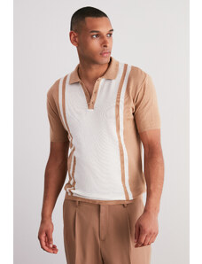 Trendyol Beige Regular Fit Buttoned Plaid Polo Neck Knitwear T-Shirt
