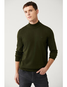 Avva Dark Khaki Unisex Knitwear Sweater Half Turtleneck Non-Pilling Regular Fit