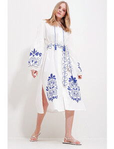 Trend Alaçatı Stili Women's White Large Collar Belted Double Slit Linen Dress