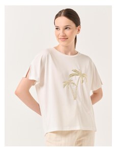 Jimmy Key Ecru Crew Neck Short Sleeved T-Shirt with Palms.