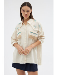 Laluvia Stone Bead Embroidered Tasseled Linen Shirt