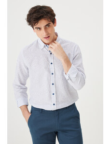 ALTINYILDIZ CLASSICS Men's White-Navy Blue Slim Fit Slim Fit Hidden Button Collar 100% Cotton Striped Shirt
