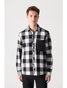 Avva Men's Black and white Plaid Classic Collar Oversized Jacket with Pockets with Snap fastener