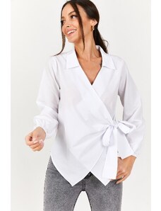 armonika Women's White Collar Double Breasted Blouse