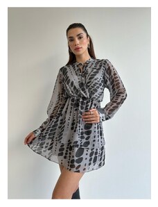 Laluvia Anthracite Collar Tied Patterned Chiffon Dress