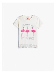 Koton Short Sleeve Tasseled T-Shirt Crew Neck Appliqué Flamingo Printed Cotton