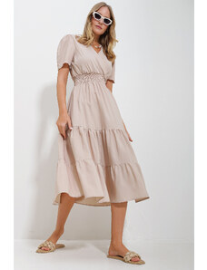 Trend Alaçatı Stili Women's Beige Double Breasted Waist Gimped Walloon Woven Poplin Dress