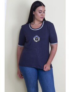Şans Women's Plus Size Navy Blue Embroidered Viscose Short Sleeve T-Shirt