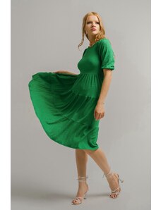 armonika Women's Green Low-cut Back Midi Length Dress with a Belt