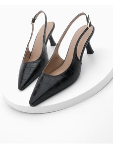 Marjin Women's Pointed Toe Open Back Thin Heel Classic Heel Shoes Fanle Black Croco
