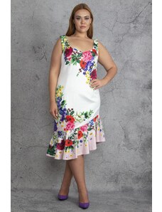 Şans Women's Plus Size Bone V-neck, Floral Pattern Lined Dress with Flounces at the Hem