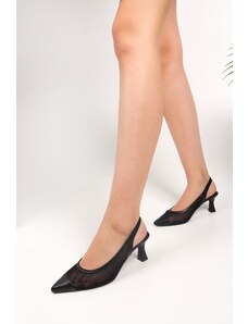 Shoeberry Women's Rella Black Mesh Heeled Shoes Stiletto