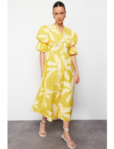 Trendyol Yellow V-neck Floral Print Half Balloon Sleeve Woven Shirt Dress