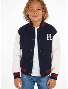 Dětská bomber bunda s příměsí vlny Tommy Hilfiger tmavomodrá barva