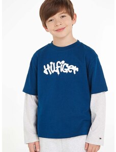 Dětská bavlněná košile s dlouhým rukávem Tommy Hilfiger tmavomodrá barva, s potiskem