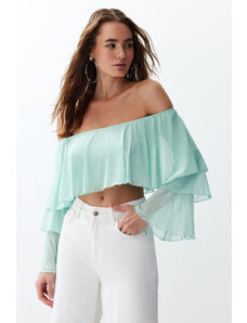 Trendyol Mint Ruffle Detailed Long Sleeve Lined Crop/Short Knitted Blouse