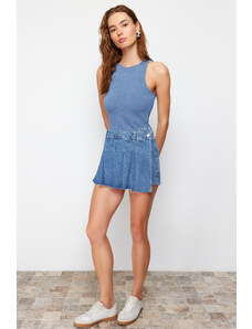 Trendyol Dark Blue Pleated Denim Short Skirt