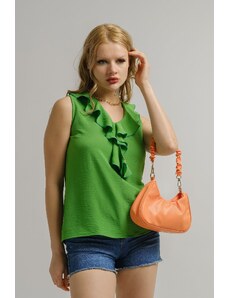 armonika Women's Light Green Collar Frilly Sleeveless Blouse
