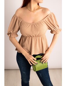 armonika Women's Beige Elastic Waist And Sleeve Madonna Collar Blouse