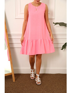 armonika Women's Neon Pink Linen Look Textured Sleeveless Frilly Skirt Dress