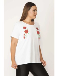 Şans Women's Plus Size White Cotton Short Sleeve Blouse with Lace Collar