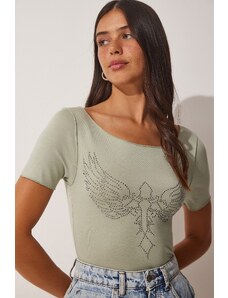 Happiness İstanbul Women's Turquoise Green Knitted Viscose T-Shirt with Embroidered Wings