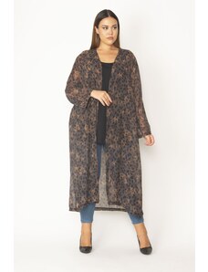 Şans Women's Large Size Colorful Chiffon Fabric Patterned Long Cardigan