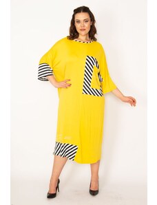 Şans Women's Plus Size Yellow Stone Detailed Dress with Line Garnish