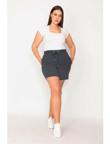 Şans Women's Plus Size Navy Blue Cotton Fabric Eyelet Detailed Waist Elastic Pocket Shorts