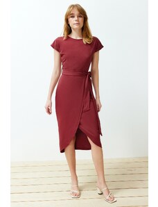 Trendyol Claret Red 100% Cotton Double Breasted Closure Belt Detailed Midi Knitted Dress