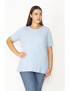 Şans Women's Plus Size Blue Cotton Fabric Crewneck Short Sleeve Blouse