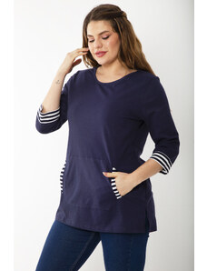 Şans Women's Plus Size Navy Blue Cotton Fabric Kangaroo Pocket Striped Garnish Blouse