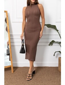 armonika Women's Coffee With a Slit in the Back Halter Collar Pencil Dress