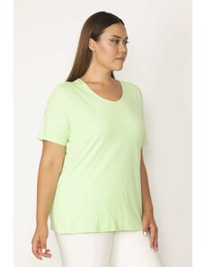 Şans Women's Plus Size Green Cotton Fabric Crewneck Short Sleeve Blouse