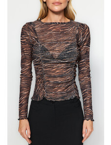 Trendyol Brown Animal Patterned Special Textured Slim Crew Neck Blouse