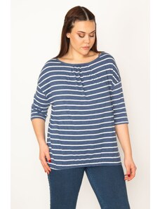 Şans Women's Plus Size Indigo Stripe Low-Sleeve Blouse With Pleats And Elastic Hem Detail.